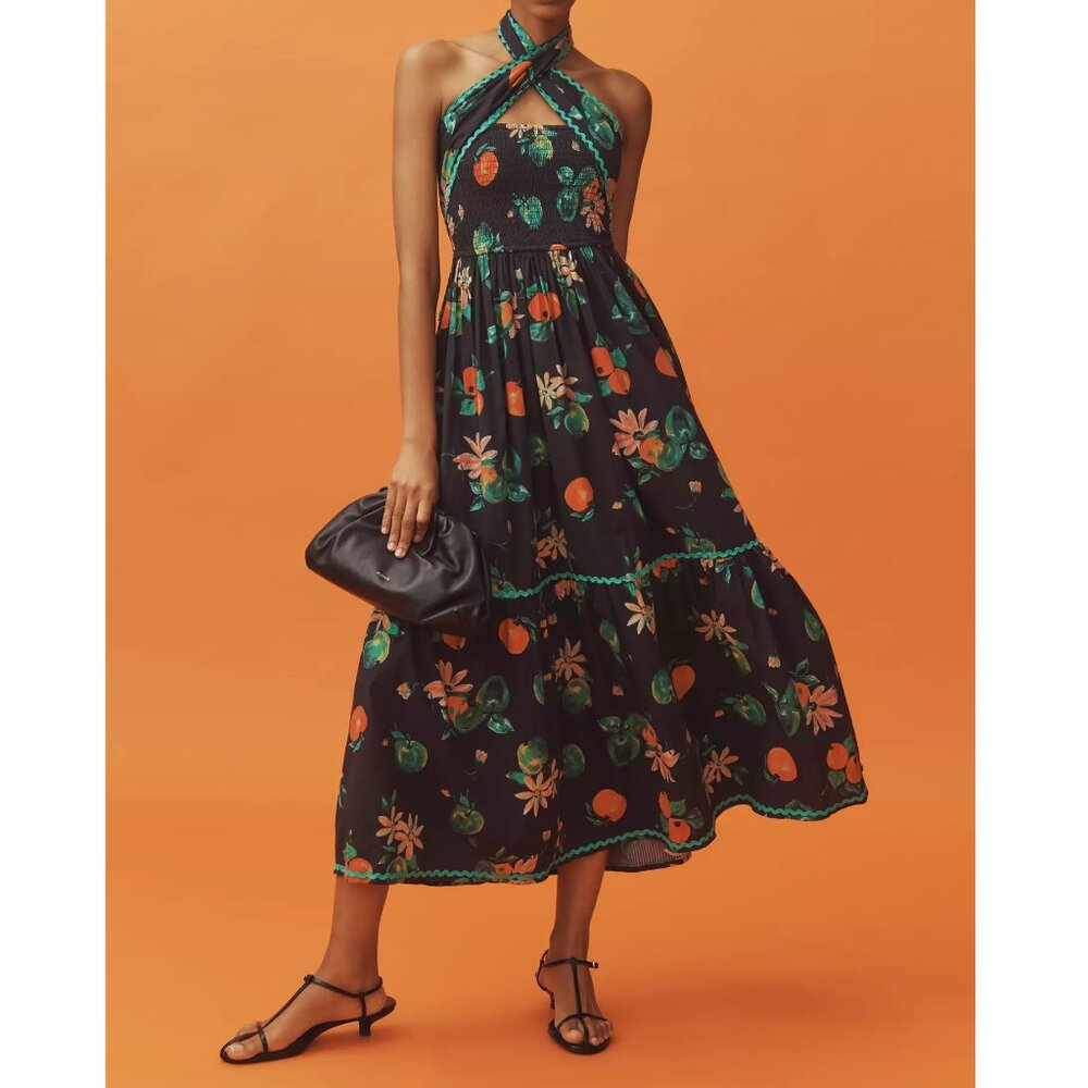 Damson Madder Convertible Pia Midi Dress Apple Black Motif Size 16 UK / 12 US